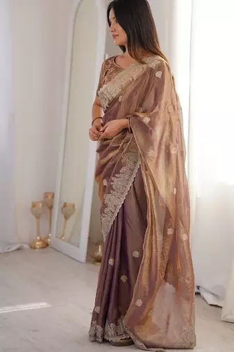 Wine color silk blend embroidered work saree with un-stitched blouse