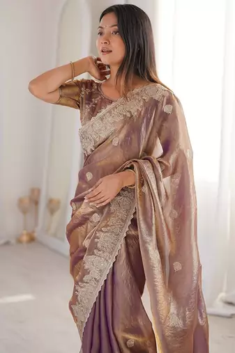 Wine color silk blend embroidered work saree with un-stitched blouse