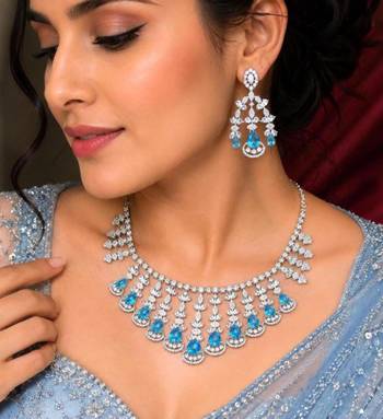 aquamarine blue cubic zirconia choker necklace and earrings set, bollywood wedding jewellery 1