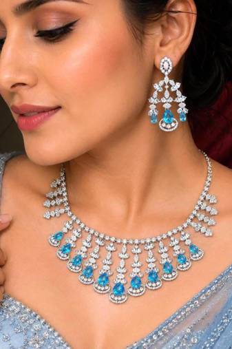 aquamarine blue cubic zirconia choker necklace and earrings set, bollywood wedding jewellery