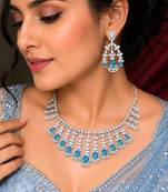 aquamarine blue cubic zirconia choker necklace and earrings set, bollywood wedding jewellery
