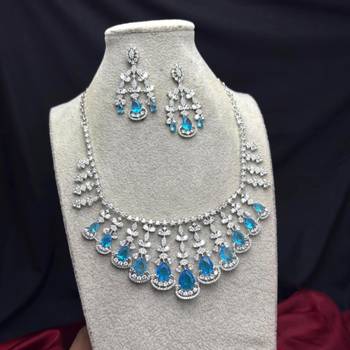 aquamarine blue cubic zirconia choker necklace and earrings set, bollywood wedding jewellery 2