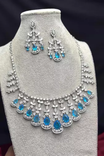 aquamarine blue cubic zirconia choker necklace and earrings set, bollywood wedding jewellery
