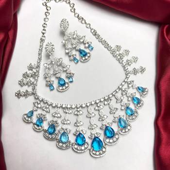 aquamarine blue cubic zirconia choker necklace and earrings set, bollywood wedding jewellery 3
