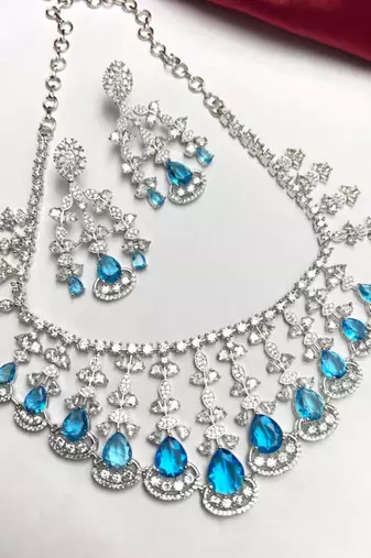 aquamarine blue cubic zirconia choker necklace and earrings set, bollywood wedding jewellery