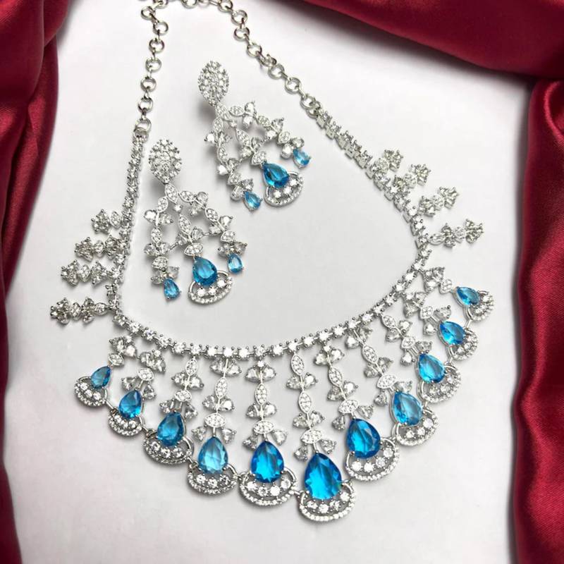 aquamarine blue cubic zirconia choker necklace and earrings set, bollywood wedding jewellery