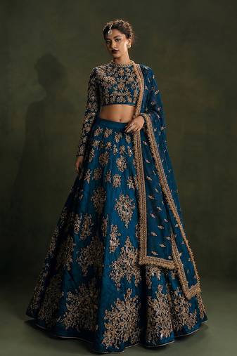 Morpeach Satin Sequins Embroidery Work Bridal Lehenga with Blouse and Net Dupatta