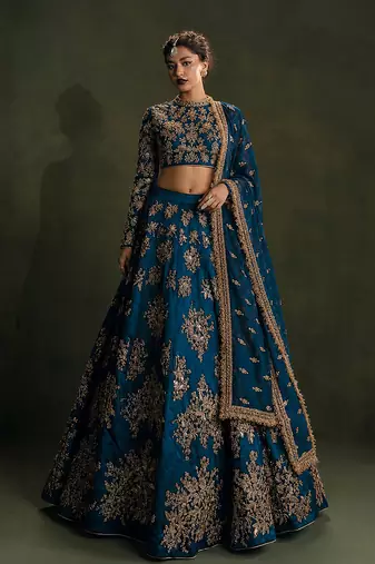 Morpeach Satin Sequins Embroidery Work Bridal Lehenga with Blouse and Net Dupatta