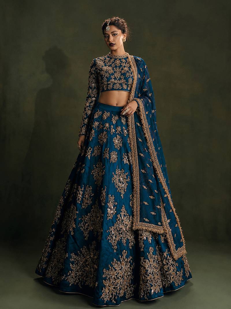 Morpeach Satin Sequins Embroidery Work Bridal Lehenga with Blouse and Net Dupatta