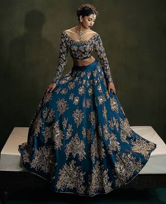 Morpeach Satin Sequins Embroidery Work Bridal Lehenga with Blouse and Net Dupatta 2