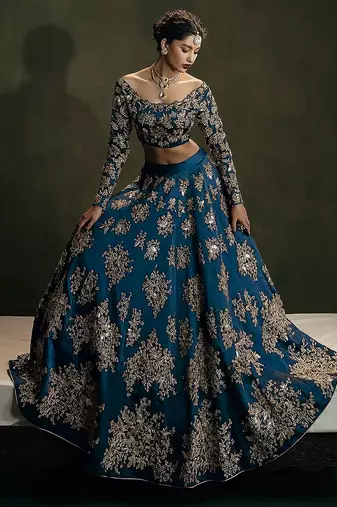 Morpeach Satin Sequins Embroidery Work Bridal Lehenga with Blouse and Net Dupatta