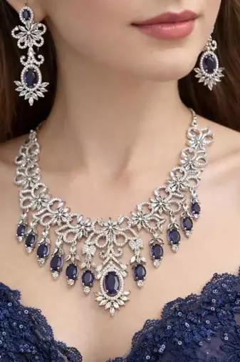 elegant royal amethyst diamond statement jewellery set â€“ necklace & dangle earrings