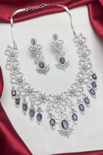 elegant royal amethyst diamond statement jewellery set â€“ necklace & dangle earrings