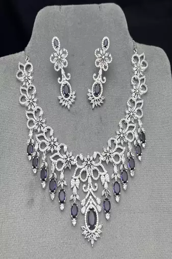 elegant royal amethyst diamond statement jewellery set â€“ necklace & dangle earrings