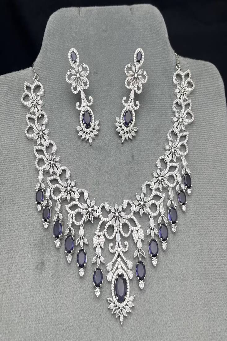 elegant royal amethyst diamond statement jewellery set  necklace & dangle earrings