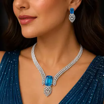 silver blue topaz emerald cut cz marquise statement bridal jewellery set 1