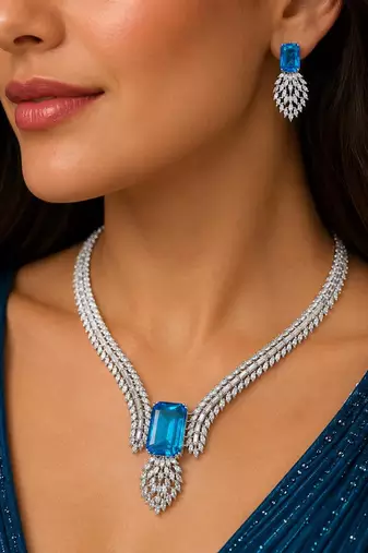 silver blue topaz emerald cut cz marquise statement bridal jewellery set
