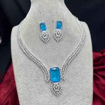 silver blue topaz emerald cut cz marquise statement bridal jewellery set 2
