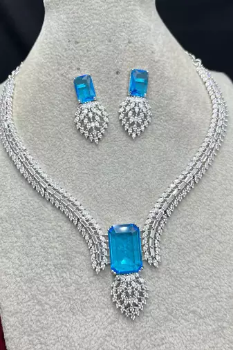 silver blue topaz emerald cut cz marquise statement bridal jewellery set