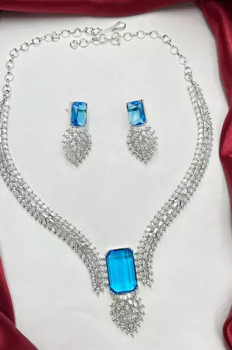 silver blue topaz emerald cut cz marquise statement bridal jewellery set