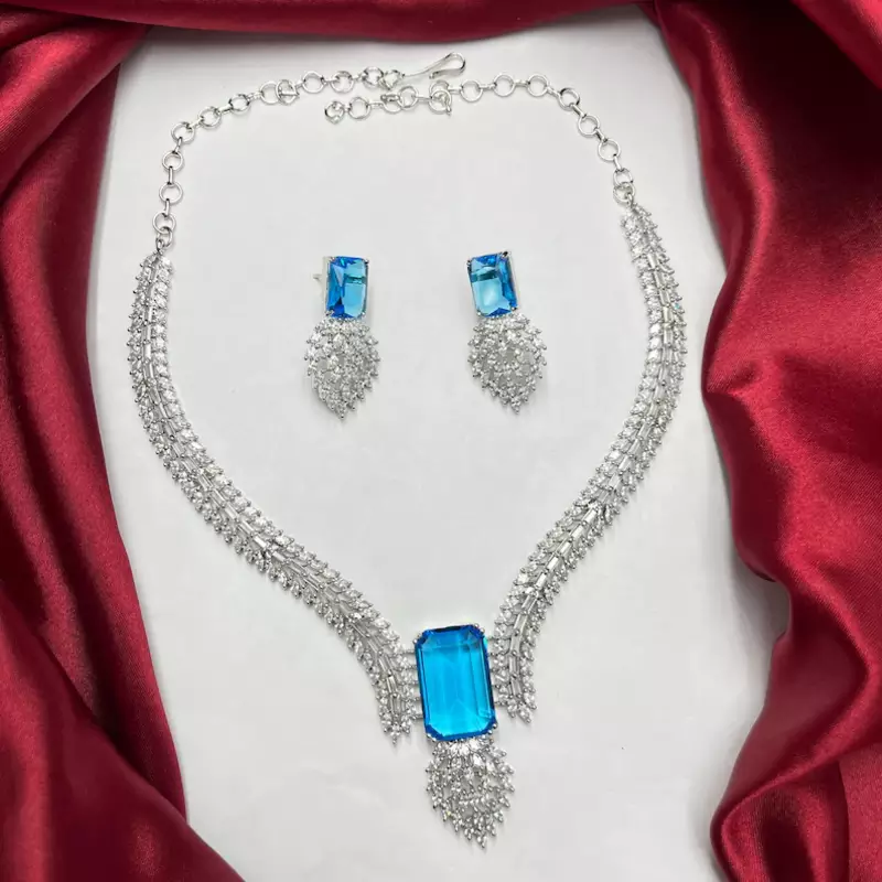 silver blue topaz emerald cut cz marquise statement bridal jewellery set