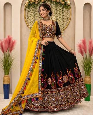 Black Mirror Work Faux Georgette Navratri Lehenga Choli Set 1