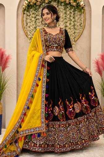 Black Mirror Work Faux Georgette Navratri Lehenga Choli Set
