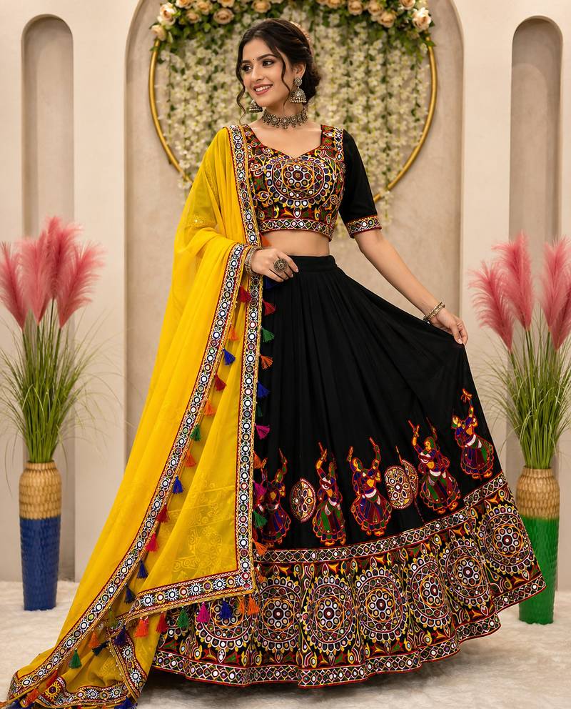 Black Mirror Work Faux Georgette Navratri Lehenga Choli Set