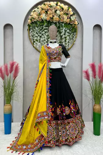 Black Mirror Work Faux Georgette Navratri Lehenga Choli Set