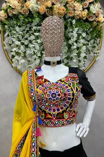 Black Mirror Work Faux Georgette Navratri Lehenga Choli Set