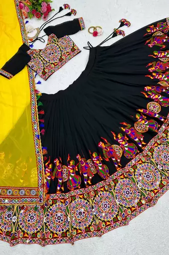 Black Mirror Work Faux Georgette Navratri Lehenga Choli Set