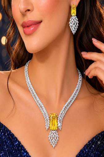 emerald cut yellow crystal necklace earrings set, silver plated statement choker for weddings