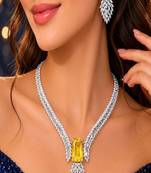 emerald cut yellow crystal necklace earrings set, silver plated statement choker for weddings
