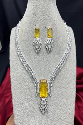 emerald cut yellow crystal necklace earrings set, silver plated statement choker for weddings 3