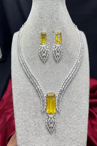 emerald cut yellow crystal necklace earrings set, silver plated statement choker for weddings