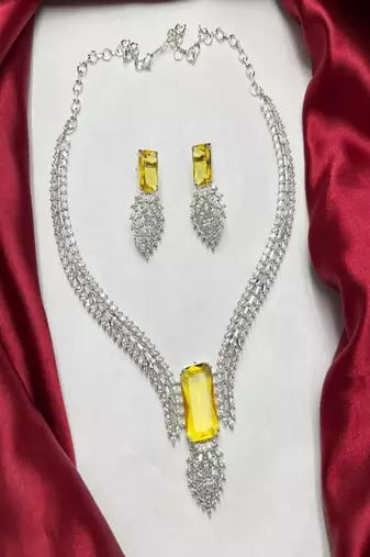 emerald cut yellow crystal necklace earrings set, silver plated statement choker for weddings