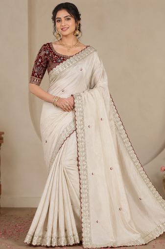 White Color Beautiful Sequence embroidery work Rangoli Silk blend Saree