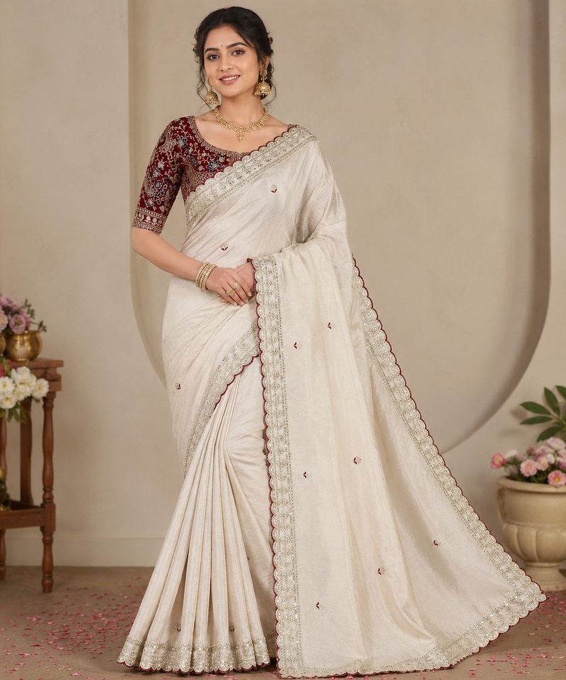 White Color Beautiful Sequence embroidery work Rangoli Silk blend Saree