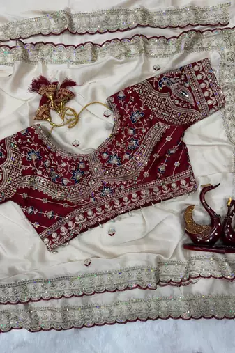 White Color Beautiful Sequence embroidery work Rangoli Silk blend Saree
