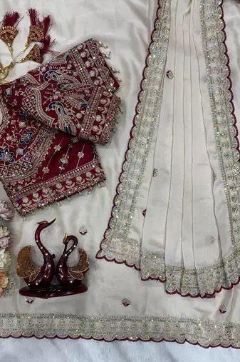 White Color Beautiful Sequence embroidery work Rangoli Silk blend Saree