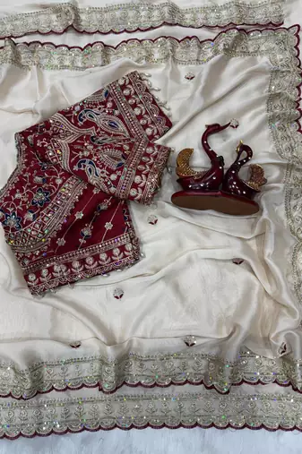 White Color Beautiful Sequence embroidery work Rangoli Silk blend Saree