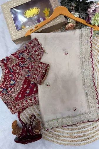 White Color Beautiful Sequence embroidery work Rangoli Silk blend Saree