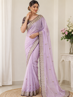 Lavender Color Beautiful Sequence embroidery work Rangoli Silk blend Saree 1