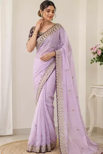 Lavender Color Beautiful Sequence embroidery work Rangoli Silk blend Saree