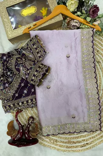 Lavender Color Beautiful Sequence embroidery work Rangoli Silk blend Saree