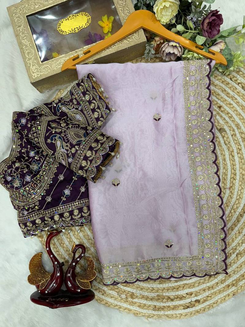 Lavender Color Beautiful Sequence embroidery work Rangoli Silk blend Saree