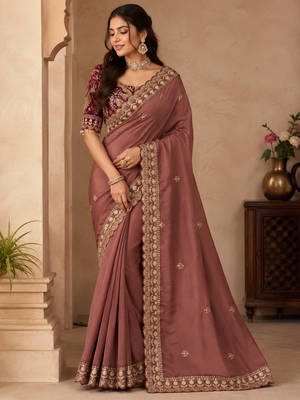 Chiku Color Beautiful Sequence embroidery work Rangoli Silk blend Saree 1