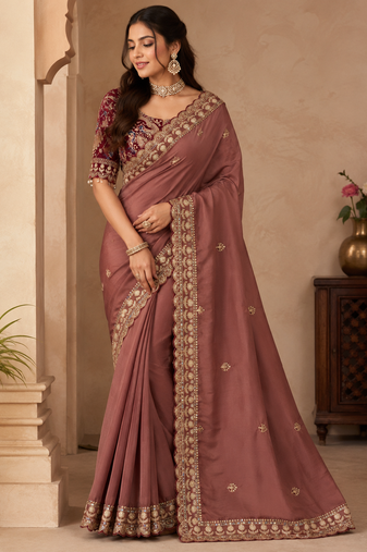 Chiku Color Beautiful Sequence embroidery work Rangoli Silk blend Saree