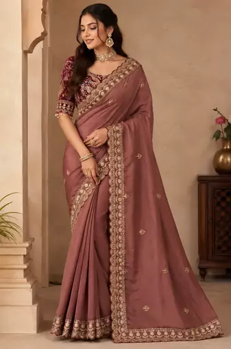 Chiku Color Beautiful Sequence embroidery work Rangoli Silk blend Saree