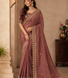 Chiku Color Beautiful Sequence embroidery work Rangoli Silk blend Saree